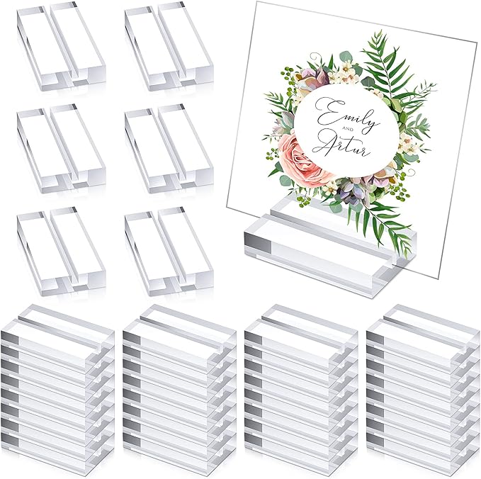 Blulu 60 Pieces Acrylic Place Card Holders 2 Inch Clear Stands Base with 3 mm Card Slot Numbers Display Table Sign for Wedding Exhibition Office Cafe Restaurant Photo Menu Meeting Table Decorations