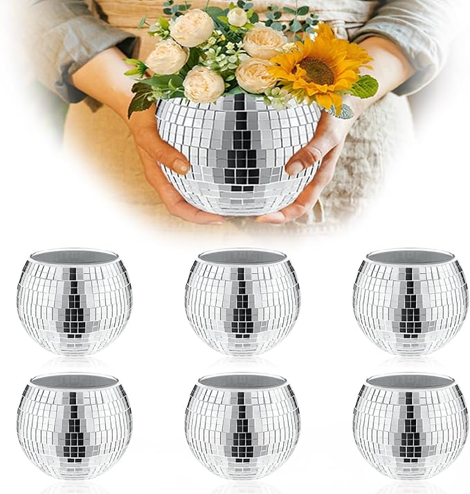 6 Pcs Disco Vase, Silver Mirror Ball Disco Ball Planter 5" X 6" Glass Silver Candle Holder White Vases for Centerpieces Table Decorations Party Wedding Birthday Gift