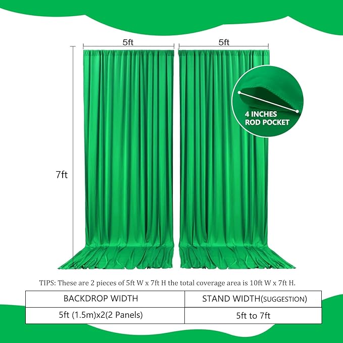 2 Panels Green Backdrop Curtain, 10 x 7 Feet Background Curtains for Parties, Weddings, Baby Showers, Bachelorette Halloween, Christmas Birthday Party Photoshoot Backdrop Curtains Decorations