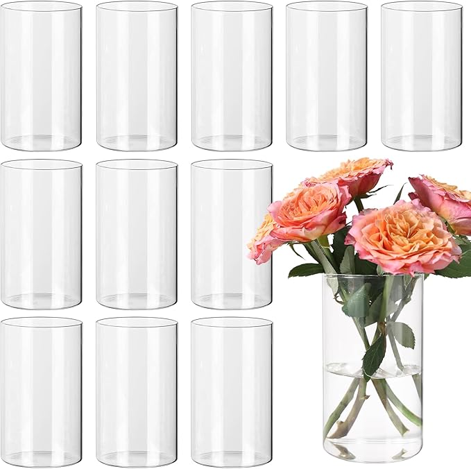 12pcs Clear Cylinder Vases for Centerpieces, Glass Flower Vases for Wedding Decorations and Home Decor, 6 Inch Glass Hurricane Candle Holder for Table Shelf