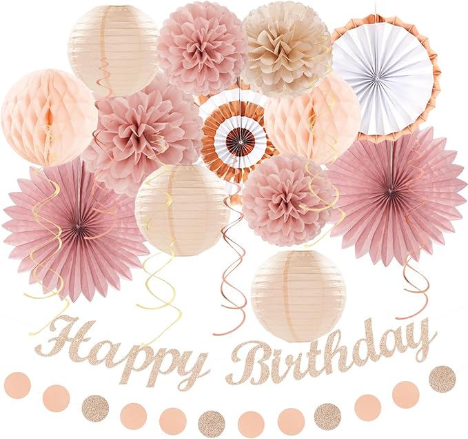 Blush-Pink Rose-Gold Fall Birthday Party-Decorations - 21pcs Boho Happy Banner Sign,Women Paper Lanterns Honeycomb,One Sweet Peach Streamers Garland,Girl Tissue Pom Poms Flowers Fans Decor Burgleda