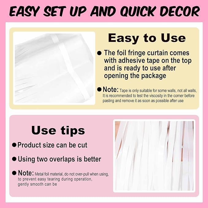 6 Pack Macaron White Foil Fringe Curtains Backdrop, 3.28 x 8.2 Ft Metallic Streamers Tinsel Curtains Background for Photo Booth, Birthday, Weddings, Carnivals, Graduation, Themed Party Decorations