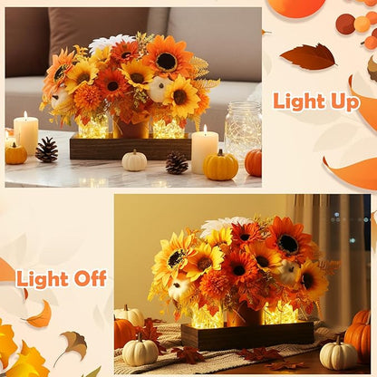 3 Pcs Fall Thanksgiving Tables Centerpieces Mason Jar Table Decor Set, Farmhouse Autumn Pumpkin Maple Leaf Branches Potted Plant with Wood Tray & LED Light, Harvest Dining Table Centerpieces