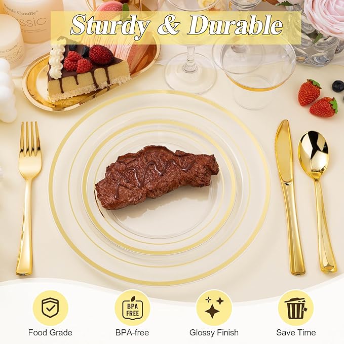100PCS Clear Gold Plastic Plates Set, 50 10.25 inch Dinner Plates and 50 7.5 inch Dessert Plates, Disposable Plates for Party, Wedding