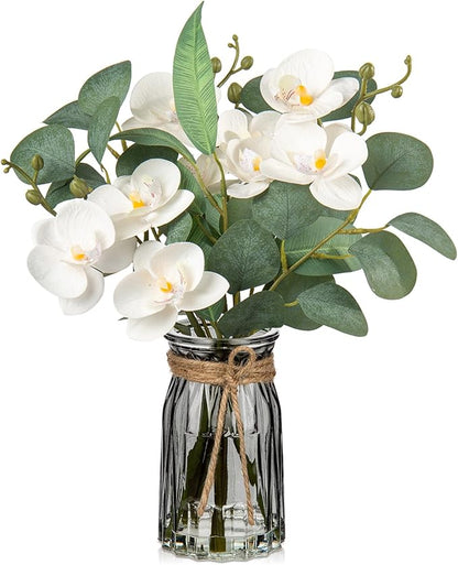 White Orchids Artificial Flowers with Vase Fake Flower in Vase Artificial Eucalyptus Stems in Glass Vases with Faux Water Faux Orchid with Eucalyptus Leaves Arrangement for Dining Table Centerpiece