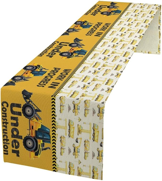 Cartoon Car Table Runner,Boys Kids Construction Vehicles Truck Yellow Print Tablecloth Burlap for Hotel Indoors Outdoor Dining Room Kitchen Home Decor,W13X L60 in