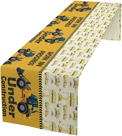 Cartoon Car Table Runner,Boys Kids Construction Vehicles Truck Yellow Print Tablecloth Burlap for Hotel Indoors Outdoor Dining Room Kitchen Home Decor,W13X L60 in