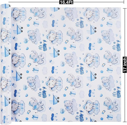 Aimyoo Blue Baby Shower Wrapping Paper Roll - 17 Inch X 16.4 Feet - Cute Elephant with It‘s A Boy Letter Design Perfect for Boys, Birthday, Party