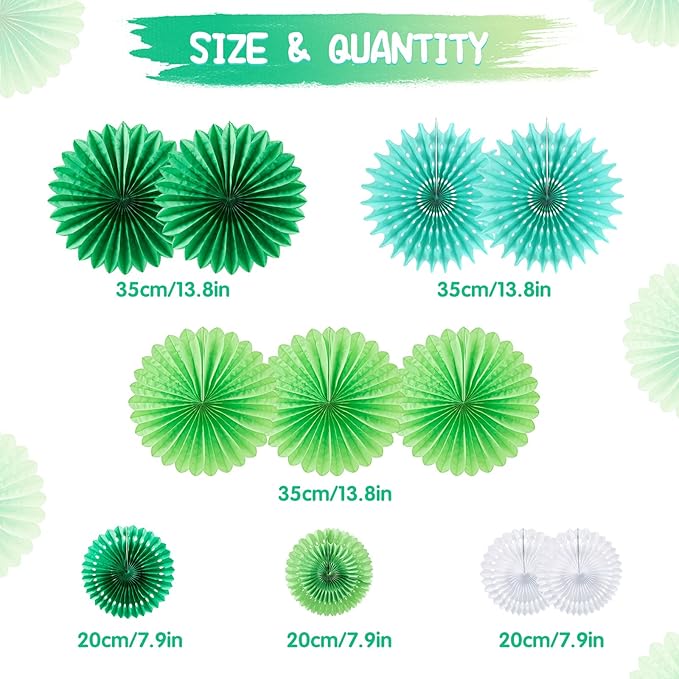 SUNBEAUTY Pack of 11 Green White Party Decoration Hanging Honeycomb Round Paper Fans Kit for Dinosaur Theme Birthday Baby Shower Summer Forest Carnival St.Patrick's Irish Backdrop Party Supplies