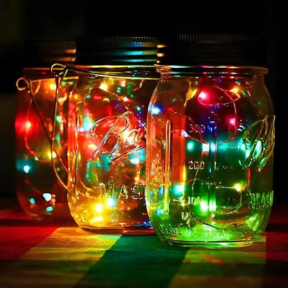 VOOKRY 12 Pack Solar Mason Jar Lights, 30 LED Mason Jar Lids Waterproof Firefly Fairy String Lights with 12 Hangers(No Jars), for Outdoor Patio Garden Yard Lawn Party Wedding Decoration - Multicolor