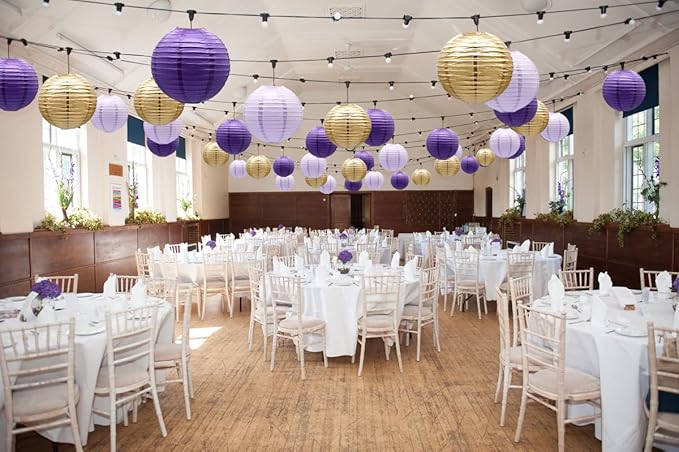 ADLKGG Paper Lanterns Decorative, Round Hanging Lanterns Party Supplies for Graduation Bachelorette Gender Neutral Baby Shower Birthday Party Decorations Purple/Lavender/Gold 21pcs