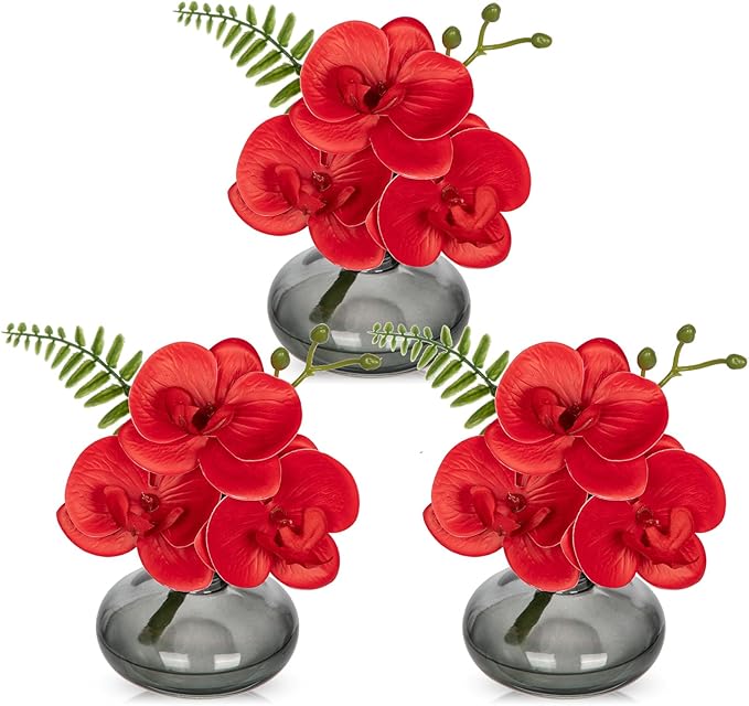 Red Orchids Artificial Flowers Faux Orchids Arrangement in Black Glass Vases Set of 3 Real Touch Phalaenopsis Orchid Flowers Small Fake Orchid Centerpiece for Dining Room Table