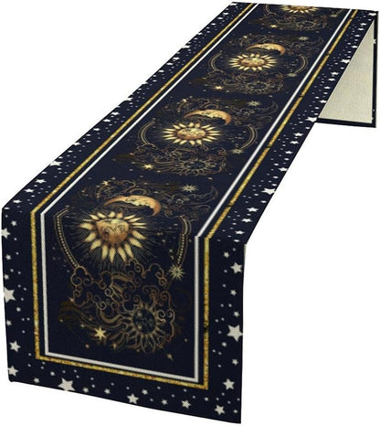 Sun Moon Table Runner, Seasonal Golden Sun Moon Holiday Kitchen Dining Table Runner for Kitchen Living Room Home Party Decor 13x70 Inch