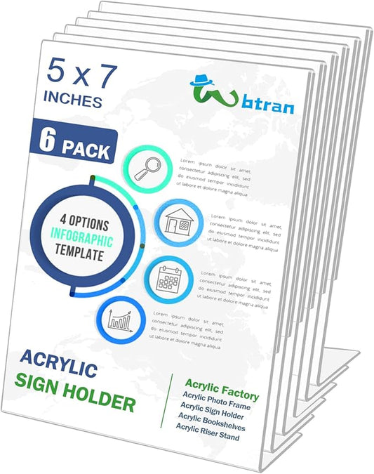 Slanted Back Acrylic Sign Holder 5 x 7, Clear Tabletop Sign Holder, Acrylic Stands for Display 5 x 7, Plastic Paper Sign Holder for Office, Home, Restaurant (6 Pack)