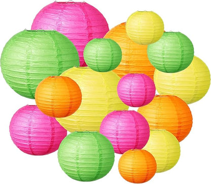 Riakrum 16 Pcs Neon Themed Paper Lanterns Birthday Party Decorations Mixed Size 6'' 8'' 10'' 12'' Colorful Chinese Hanging Paper Lanterns for Wedding Home Decorations Supplies