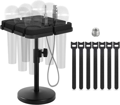 Multi Microphone Holder, Wired and Wireless Mic Holder for Stand, Hold Up to 7 Microphones, Aluminum, Black with stand