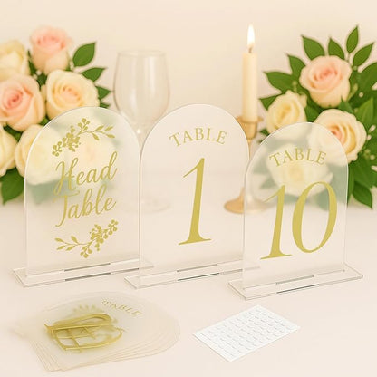 Wedding Table Numbers 1-10 Clear Acrylic Seating Number Signs for Weddings Reception Anniversary Party Decor Seat Number for Tables with Elegant Gold Lettering