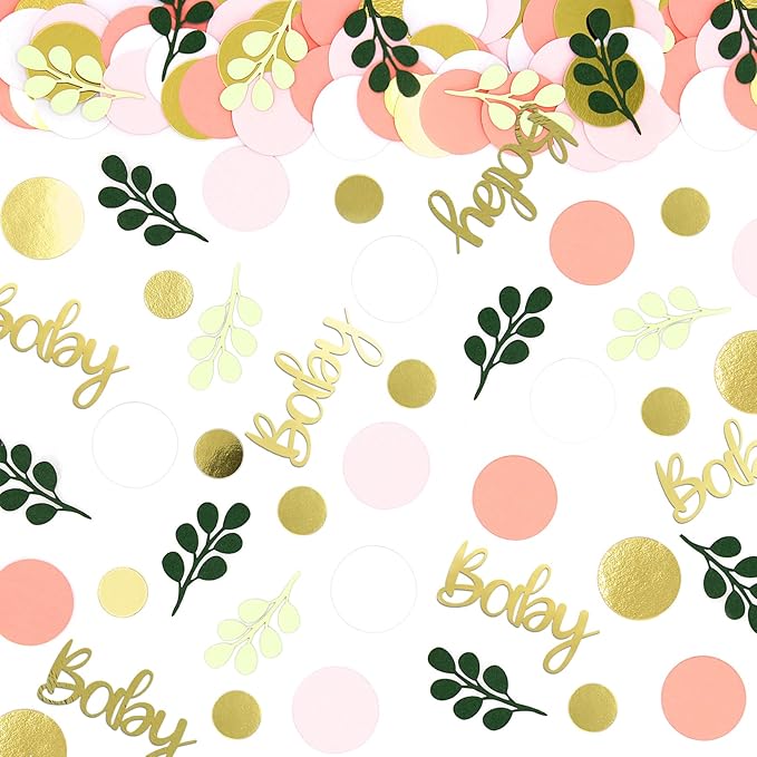 300PC Pink and Sage Green Girl Baby Shower Decorations Greenery Baby Shower Confetti Eucalyptus Dots Table Scatters for Girls Gender Reveal Birthday Decor