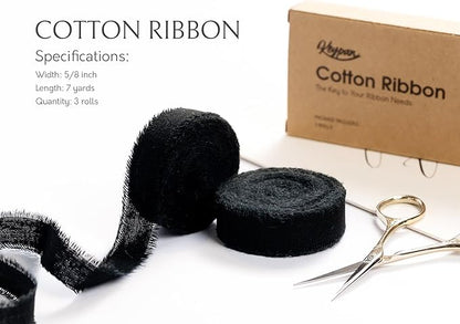 Black Ribbon 5/8" x 21 Yards with Frayed Fringe Fabric Cotton Ribbons for Gift Wrapping Wedding Invitations Flower Bouquet Baby Shower