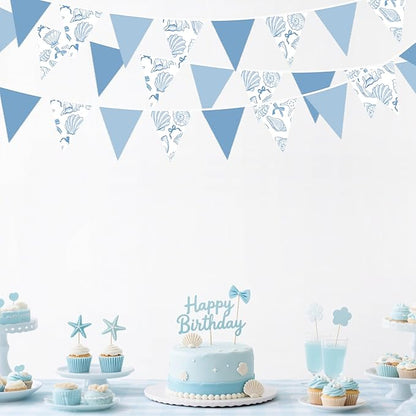 32Ft Ocean Coastal Nautical Beach Party Decorations Blue Bow Starfish Seashell Fabric Pennant Banner Triangle Flag Garland Streamer for Under The Sea Birthday Summer Baby Shower Bachelorette Supplies