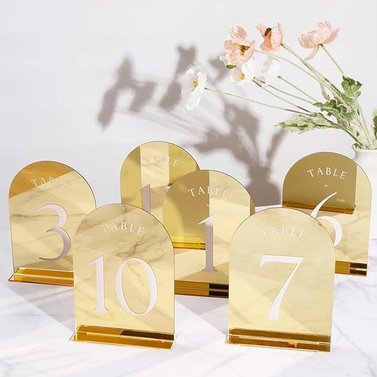 UNIQOOO Gold Mirror Arch Wedding Table Numbers with Stands 1-15, 5x7 Acrylic Display Signs and Holders, Pack of 15, Perfect for Centerpiece, Reception, Decoration, Party, Anniversary, Event