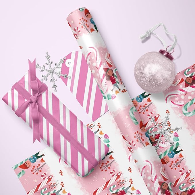 LeZakaa Christmas Pink Wrapping Paper Mini Roll for Kids, Playful Elf Cane Candy, Pink White Candy Stripes Sweet Snowy Reversible Design, 17 inches x 32.8 Feet