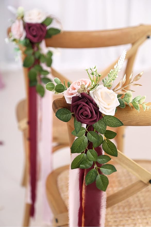 Wedding Aisle Decorations for Wedding Ceremony Set of 10 Pew Flowers for Church Chair Decorations Party Decor with Artificial Flowers Eucalyptus and Ribbons Burgundy