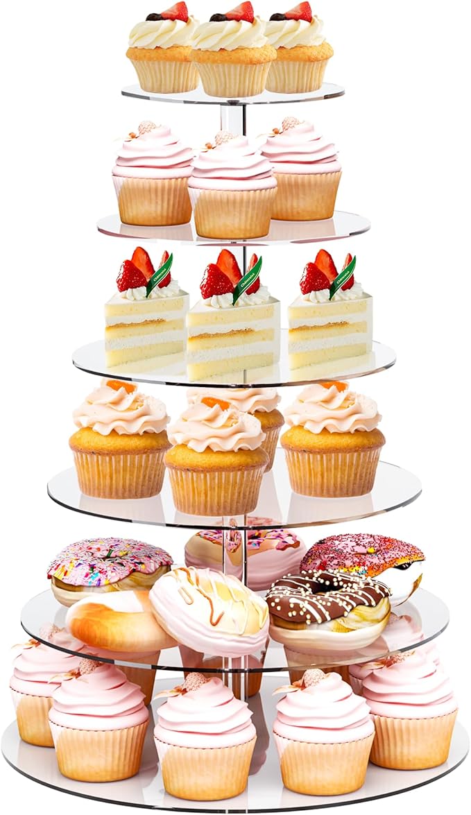 Cupcake Stand, 6 Tier Cupcake Stand for 50 Cupcakes, Round Acrylic Dessert Table Display, Clear Cupcake Tower Display for Party, Wedding, Graduation, Baby Shower