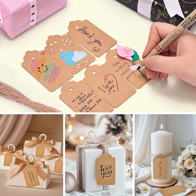 SallyFashion 200pcs Gift Tags with String Attached, 1.7 x 2.8 inch Kraft Paper Hang Handmade Tags for Clothes Birthday Wedding Holiday DIY Crafts (Brown Water Ripple