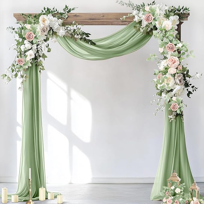 Socomi Wedding Arch Draping Fabric 2 Panels 29" x 19Ft Sage Green Sheer Chiffon Curtain Drapes 6 Yards for Wedding Ceremony Birthday Party Decoration