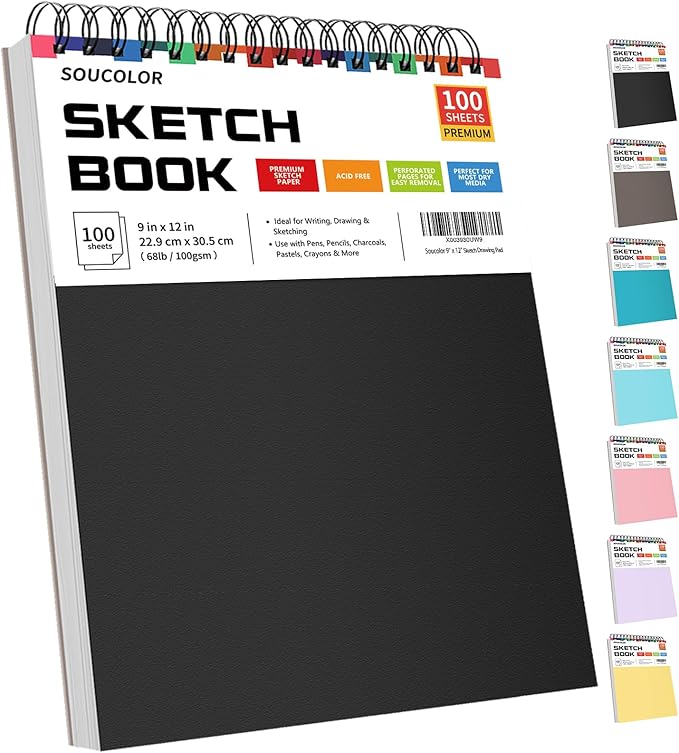 Soucolor 9" x 12" Sketch Book, 1-Pack 100 Sheets Spiral Bound Art Sketchbook, (68lb/100gsm) Acid Free Artist Drawing Book Paper Painting Drawing Writing Sketching Pad for Kids Adult Teens Girls Boys
