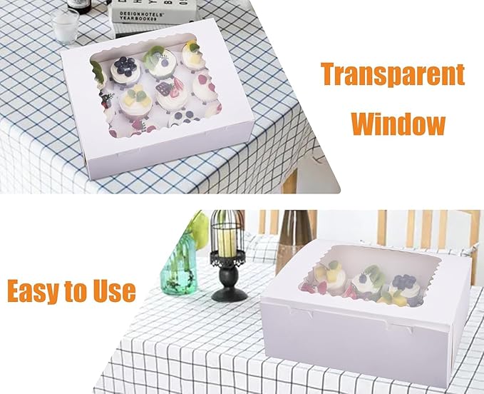 12-Set Cupcake Boxes Hold 12 Standard Cupcakes, Food Grade Cupcake Holders Bakery Carrier Boxes with Windows and Inserts for Cupcakes, Muffins and Pastries (White-12 Pack)