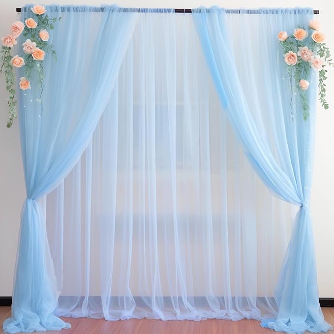 PARTISKY 20ft X 10ft Baby Blue Tulle Backdrop Curtain for Parites, Sheer Backdrop Curtains Fabric Drapes for Wedding Ceremony Arch Party Stage Decorations