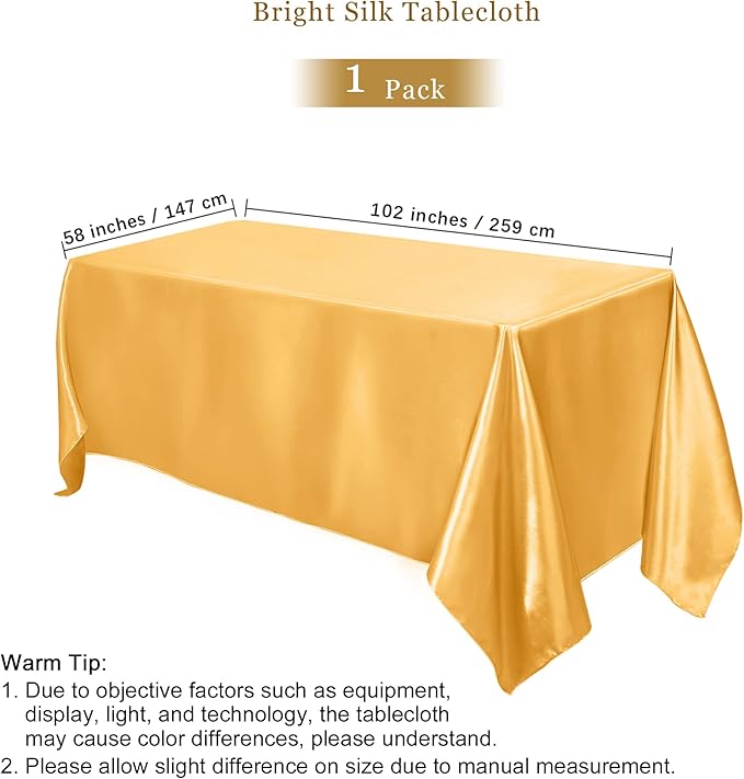 TURSTIN 1 Pack Gold Satin Tablecloth 102 x 58 Inch Overlay Satin Table Cover Rectangle Bright Silk Tablecloth Smooth Fabric Table Decoration for Wedding Banquet Party Events
