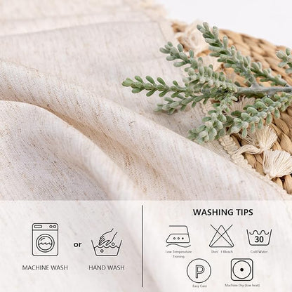 MYSKY HOME Table Cloth 60 in Round Cotton Tablecloth, Heavy Duty Linen Look Waterproof Tablecloths Farmhouse Tablecloth, Soft and Wrinkle Free Table Cover with Beige Tassels for Kitchen Dining, Party
