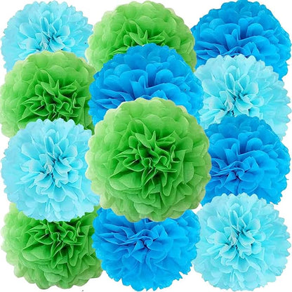 We Moment Green Blue Light Blue Paper Pom Poms Paper Flowers Decorations for Green Blue Birthday Party Decoration Ceiling Wall Hanging Tissue Flowers Decorations 12pcs 3 Colors