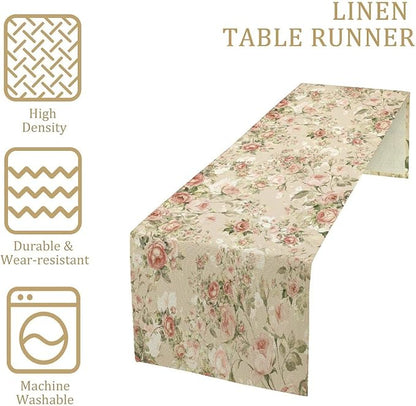 Lovely Rose Table Runner, Red and White Vintage Rose Delicate Floral Natural Pattern Long Table Restaurant Kitchen Holiday Party Decoration,13in（33cm） W * 120in（305cm） L