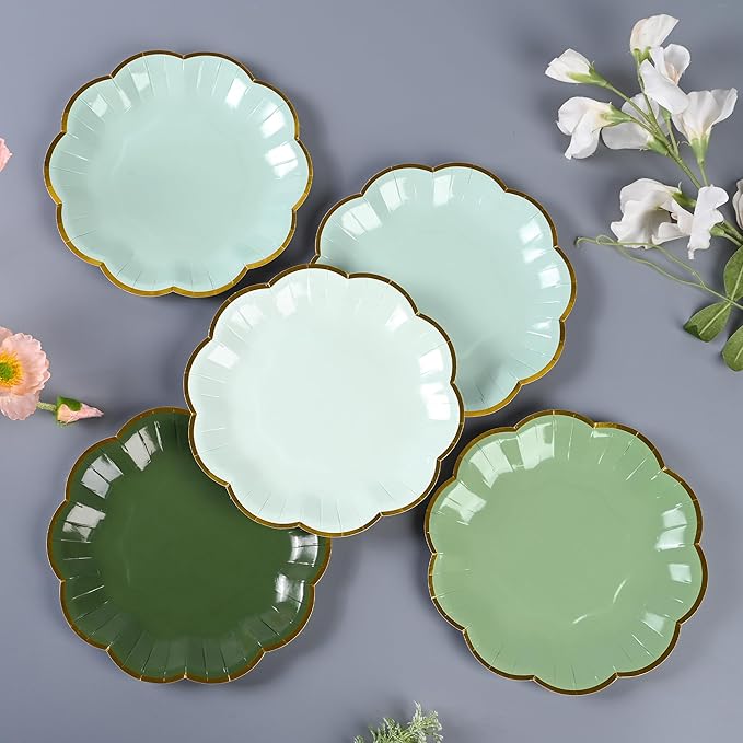Sage Green Party Plates Gradient Green Dessert Paper Plate 7inch Gold Foil Scalloped Edge Disposable Cake Plates for Christmas Birthday Bridal Baby Shower Wedding Party Supplies (48)