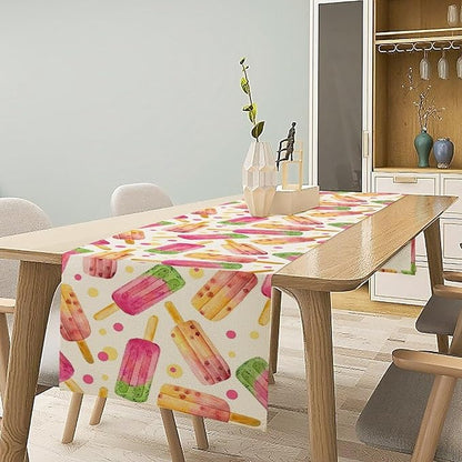 Ice Cream Popsicles Table Runner, Watercolor Summer Seasonal Fruit Peach Kiwi Berry Popsicles Orange Pink Sweet Dessert Dinner Runner for Party Holiday Home Kitchen Dining Table Decor 13"x120"