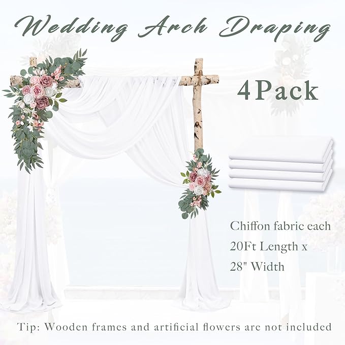 Wedding Arch Draping Fabric 4 Panels 20Ft Length x 28" Width White Arch Drapes Chiffon Fabric Sheer Curtains Backdrop for Party Bridal Decorations Wedding Ceremony Ceiling Stage Reception Decor