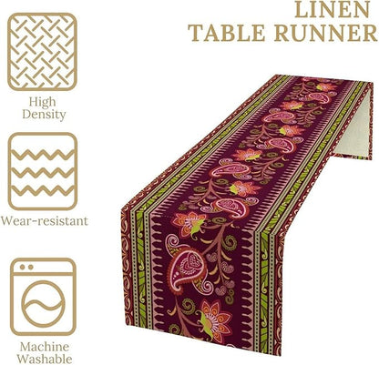Dark Red Paisley Table Runner, Vintage Boho Paisley Flowers Geometric Print Table Cover for Farmhouse Wedding Party Home Kitchen Dining Table, 13x120inch