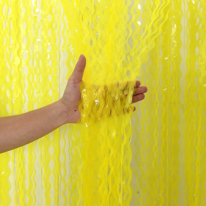 4 Pack Wavy Yellow Foil Curtain Backdrop -3.3 ft x 6.6 ft Gold Tinsel Backdrop Curtain Party Decorations Photo Booth Prop Backdrop Streamers for Birthday Bachelorette Graduation Wedding