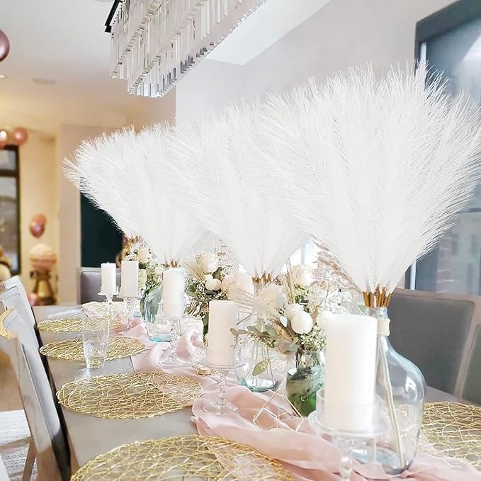 50pcs White Faux Pampas Grass Decor, 21.6" Short Artificial Pompous Grass Floral Fake Pompas Grass Branches Vase Filler Flower Arrangement for Home Wedding Boho Decor
