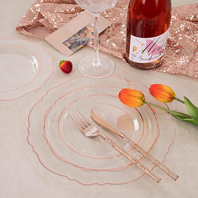 Liacere 150PCS Rose Gold Plastic Plates - Clear Rose Gold Disposable Plates with Glitter Bamboo Handle Cutlery - 60 Baroque Elegant Plates, 30 Forks, 30 Spoons, 30 Knives for Thanksging day&Chrismas