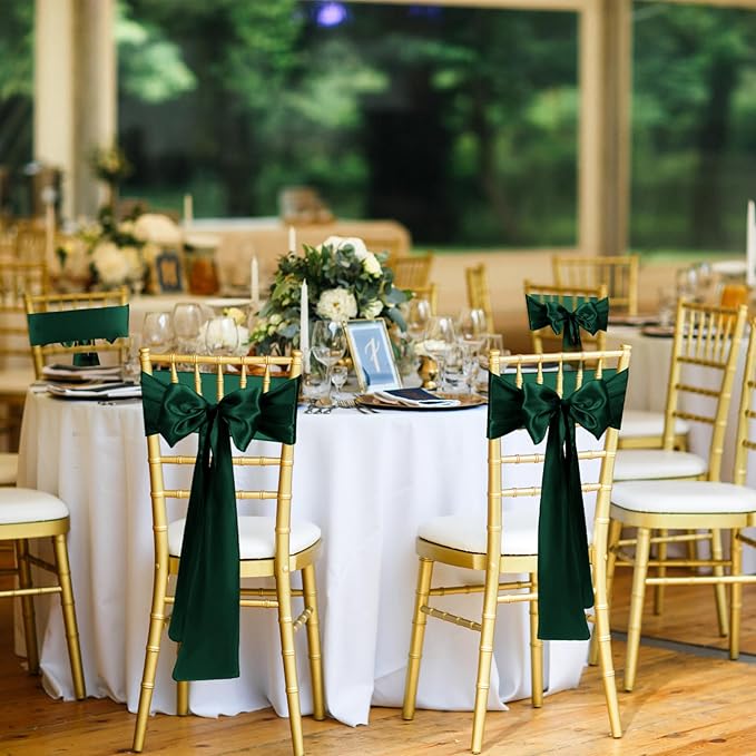 10 PCS Forest Green Satin Chair Sashes Bows Universal Chair Ribbon Ties Back Sash for Wedding Party Reception Events Banquets Hotel Event Chair Cover Decoration (7x108 inch)