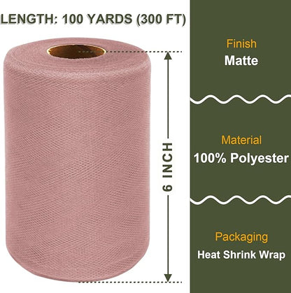 Dusty Rose Tulle Fabric Roll 6 Inch X 300 FT (100 Yards) Matte Tulle Ribbon Netting Mesh Spool for DIY Tutu Skirt Wedding Bow Gift Wrapping Baby Shower Christmas Party Halloween Decorations
