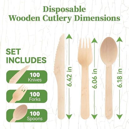 ECOLipak 300 Count Disposable Wooden Cutlery Set, 100 Knives, Forks and Spoons each, Splinter-Free Compostable Wooden Disposable Utensils for Party, Camping, Traveling, Family Dinners