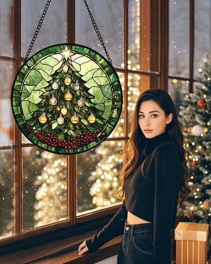 Stained Glass Window Hanging - Green Christmas Tree Golden Bells Suncatcher for Doors Home Christmas Decoration Sun Catcher Thanksgiving New Year Birthday Gift for Women Men Mom Nana 6.3 in