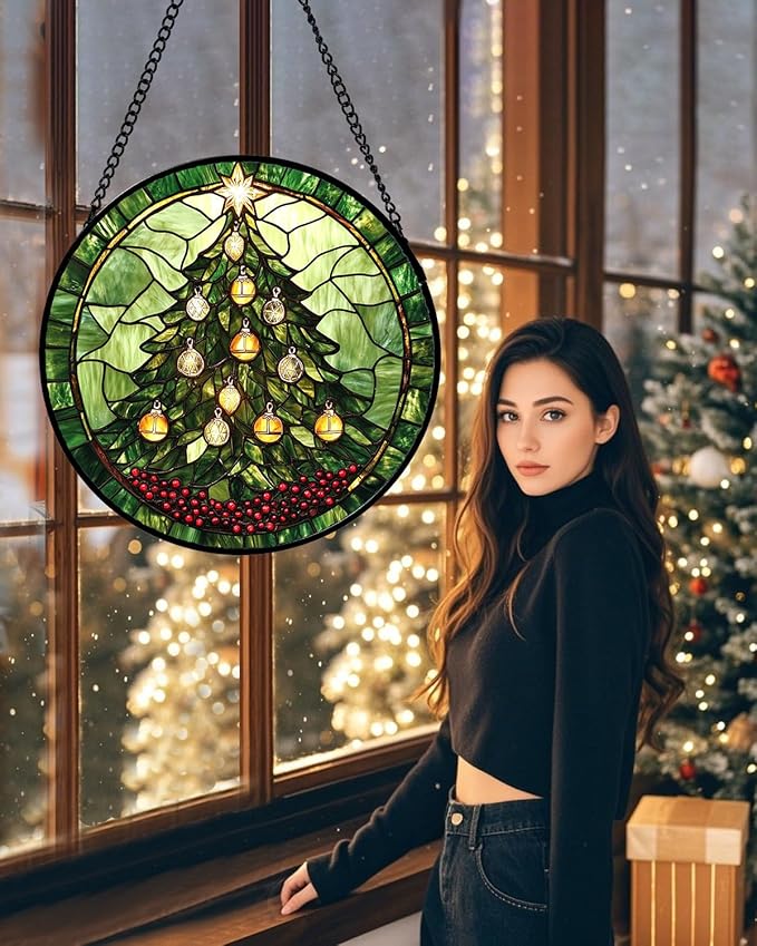 Stained Glass Window Hanging - Green Christmas Tree Golden Bells Suncatcher for Doors Home Christmas Decoration Sun Catcher Thanksgiving New Year Birthday Gift for Women Men Mom Nana 15 in