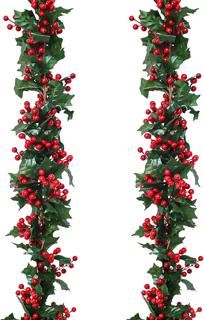 Uguisu 2pcs 5.6ft Red Artificial Christmas Garland,Eucalyptus Green Garland with Berry Flower Clusters,Artificial Vines for Fireplaces,Dining Tables,Christmas Parties